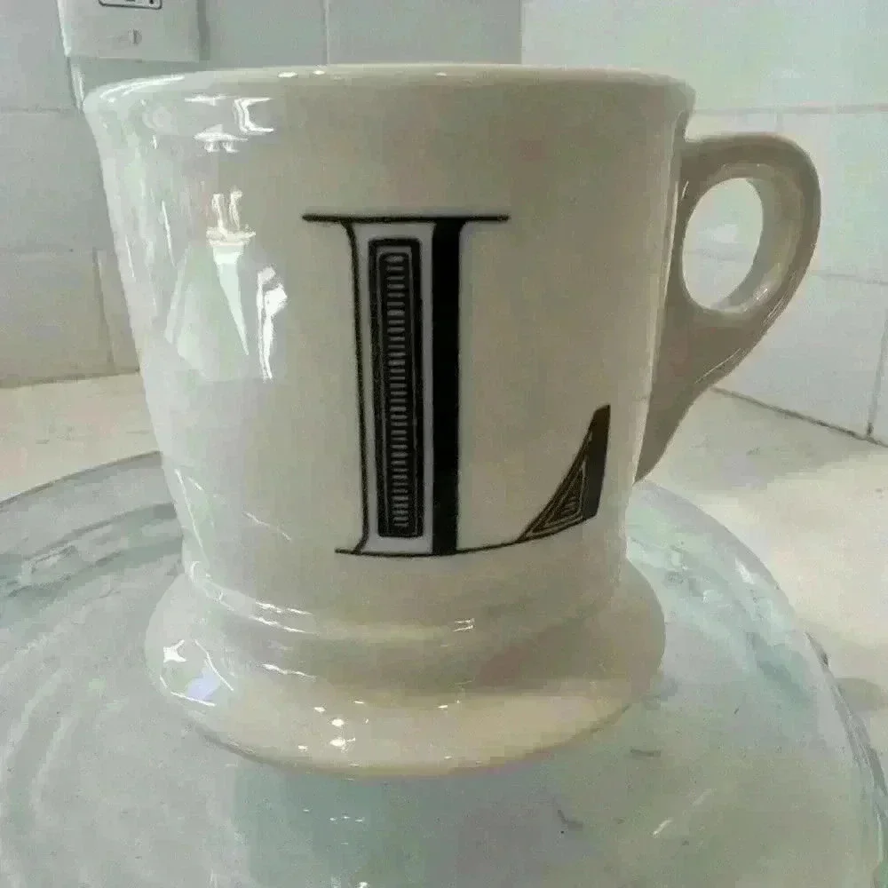 Anthropologie Letter L Initial Coffee Mug White Black Retro Shaving Cup Monogram